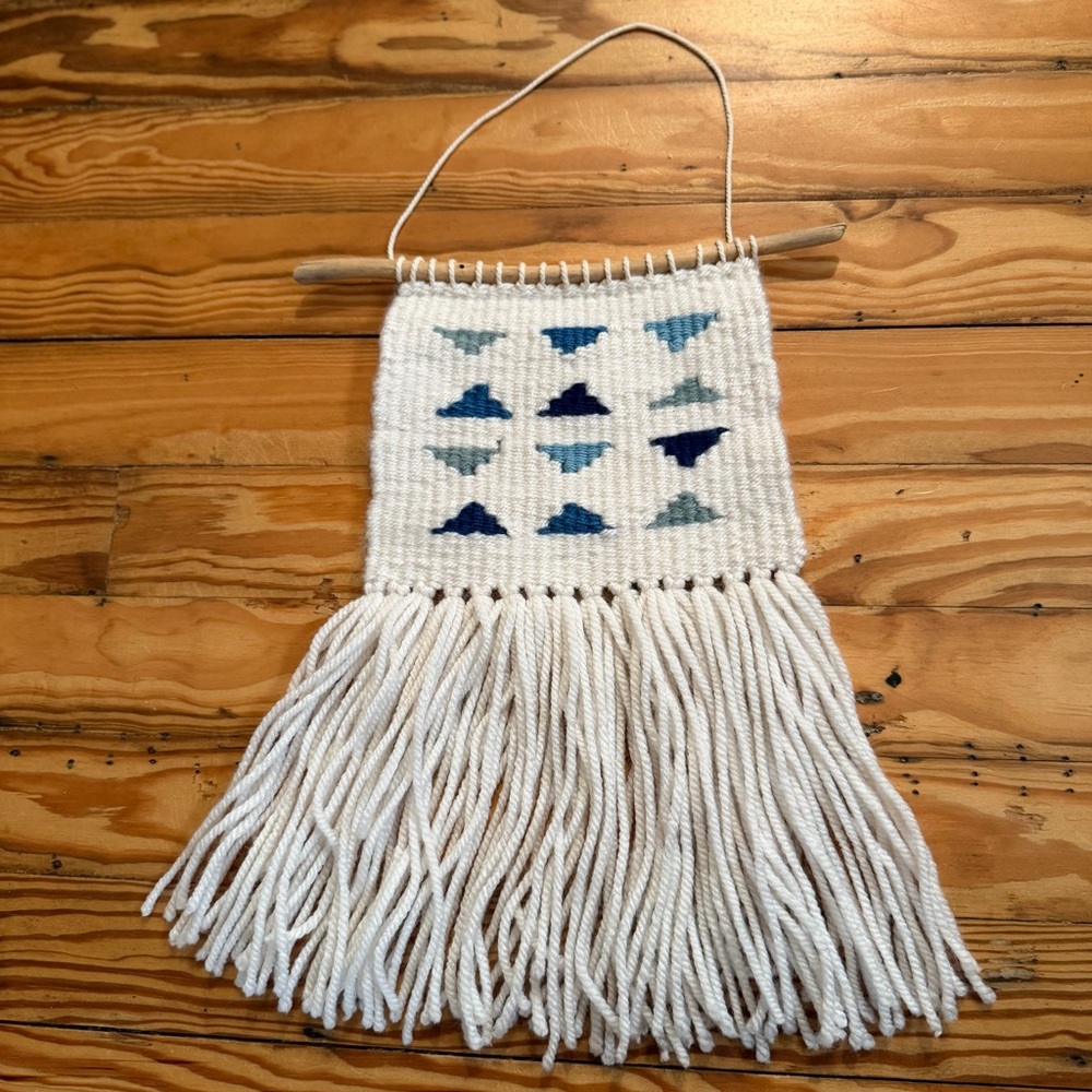 Handwoven Wall Hanging with Blue Triangle Pattern
